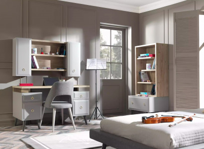 Computer desk, writing desk, children's desk, wood, gray, 3-piece set table